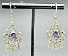 Vintage 925 Sterling Amethyst Drop Dangle Chandelier Pierced Earring French Wire
