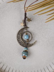 Bohemian Hippie Ceramic Beads Crescent Moon Lariat Necklace