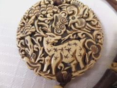 VTG 60s CROWN TRIFARI Carved Deer Pendant Necklace Satin Cord Wooden Beads