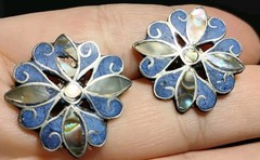 Alpaca Silver Abalone & Lapis Lazuli Flower Screw Back Earrings Repair