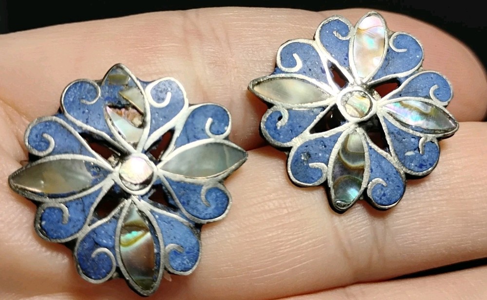 Alpaca Silver Abalone & Lapis Lazuli Flower Screw Back Earrings Repair