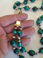 Hong Kong Double Strand Necklace Blueish Green, Black, And Silver Tone