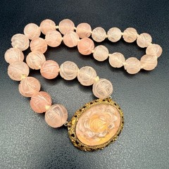 Chinese Export Blush Pink Carved Rose Quartz Necklace Floral Pendant 17 Inches