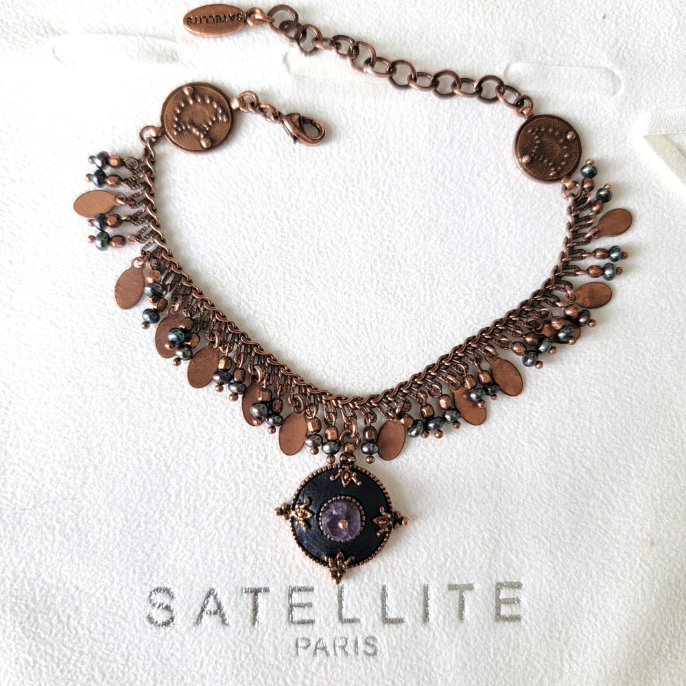 SATELLITE PARIS VINTAGE LEATHER W/ SEMI PRECIOUS STONE & PEARLS BRACELET