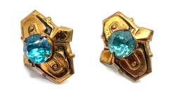 Vintage 1940s/1950s Gold Tone Blue Rhinestone 1″ Screw Back Earrings Retro
