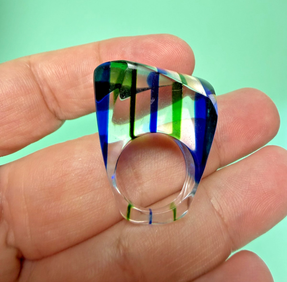 Mod Lucite Dome Ring Vintage 60s Green Yellow Blue Square Pop Art MCM Size 5.5