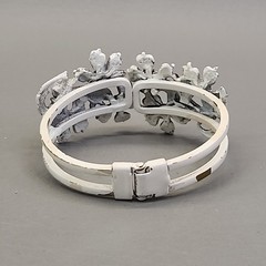 Vintage Clamper Bracelet Clip On Earrings Set White Enamel Black Washed Flowers