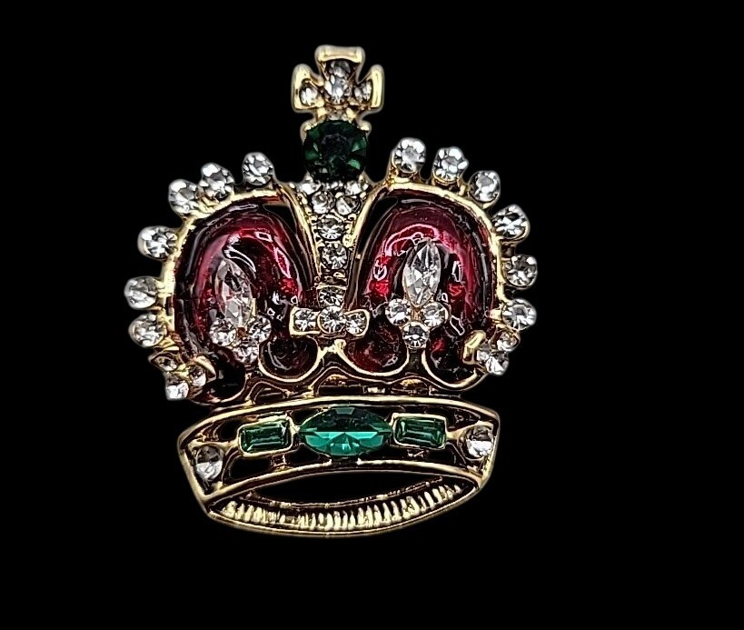 Jeweled & Enamel Crown Brooch Pin Gold Tone Elegant Estate Jewelry