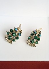 Vintage Green Peacock Blue Aurora Borealis AB Glass CLIP Earrings Feather Leaf