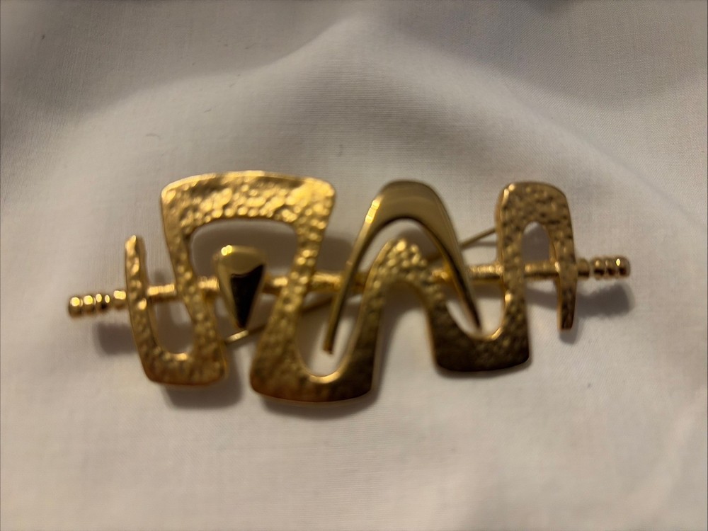 VTG Brooch Modernist Matte Gold Tone Abstract Wave Squiggle Pin 3.5” Marked FO