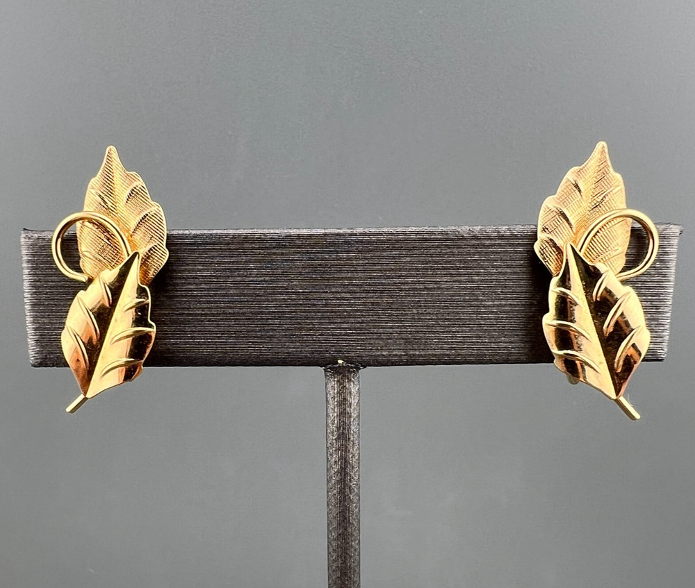 Vintage 14k GF Leaf Climber Earrings Screw Back Designer Signed Brushed Textured