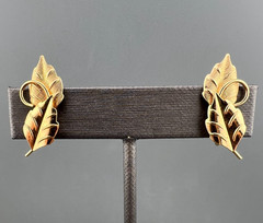 Vintage 14k GF Leaf Climber Earrings Screw Back Designer Signed Brushed Textured