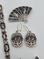 Rare Antique 1940s Siam Sterling Silver Niello Jewelry His And Hers Complete Set
