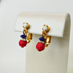 Vintage Patriotic Gold-Tone Clip-On Dangle Earrings, Red White Blue, 60s Retro