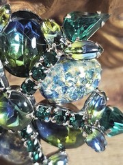 VTG Silvertone Blue & Green Split Color, Confetti Glass, Rhinestone Floral…