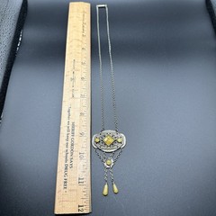 Vintage Art Deco Style Necklace Glass Filigree Pendant Drop Fringe