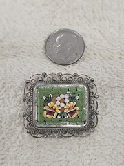 Micro Mosiac Brooch Pin Flower Pattern Green & Silver Made in Italy filigree