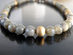 Vintage Sterling Silver 925 Gold on Natural Labradorite Bead Necklace 17.5″
