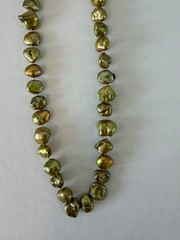 Freshwater Baroque Pearl Necklace Golden Green Knotted Strand 14K Gold Clasp 18″