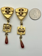 Vintage Gold Tone Carnelian Drop Dangle Earrings Shield Geometric Matte Art Deco