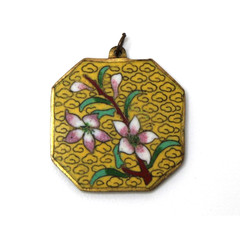Vintage Cloisonné Enamel Floral Pendant Yellow Octagon Asian Charm