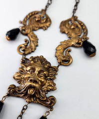 Green Man Art Nouveau Style Stamped Brass Necklace Jet Black Faceted Beads 18″