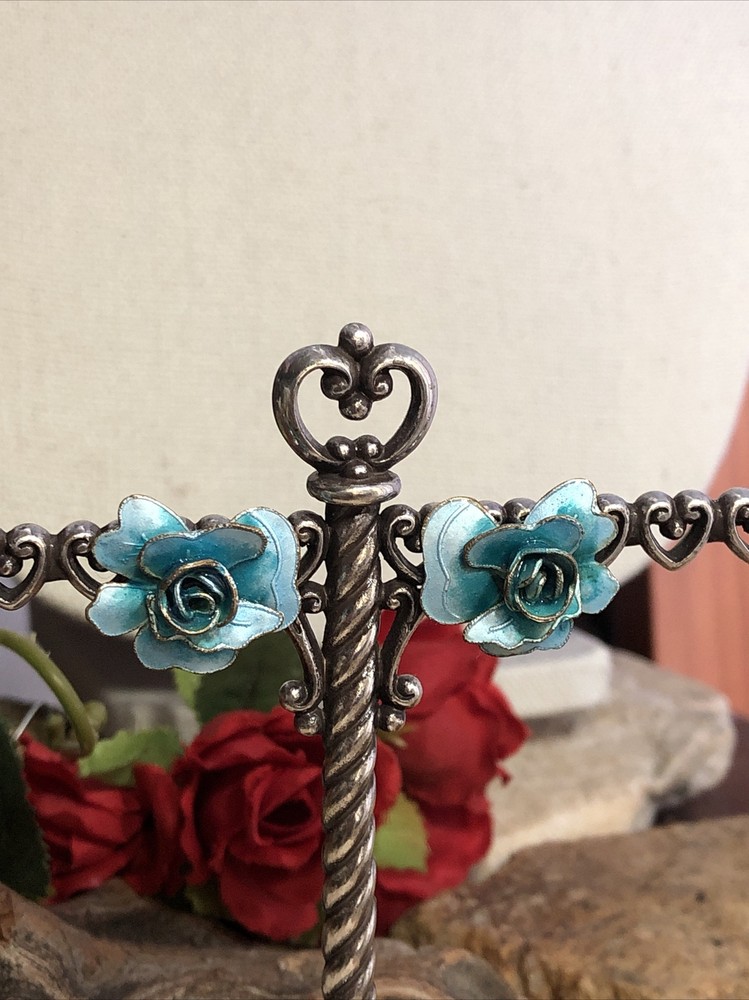 11. Vintage Sterling Silver 925 Blue Enamel ROSE Flower Stud Earrings 21 x 17mm