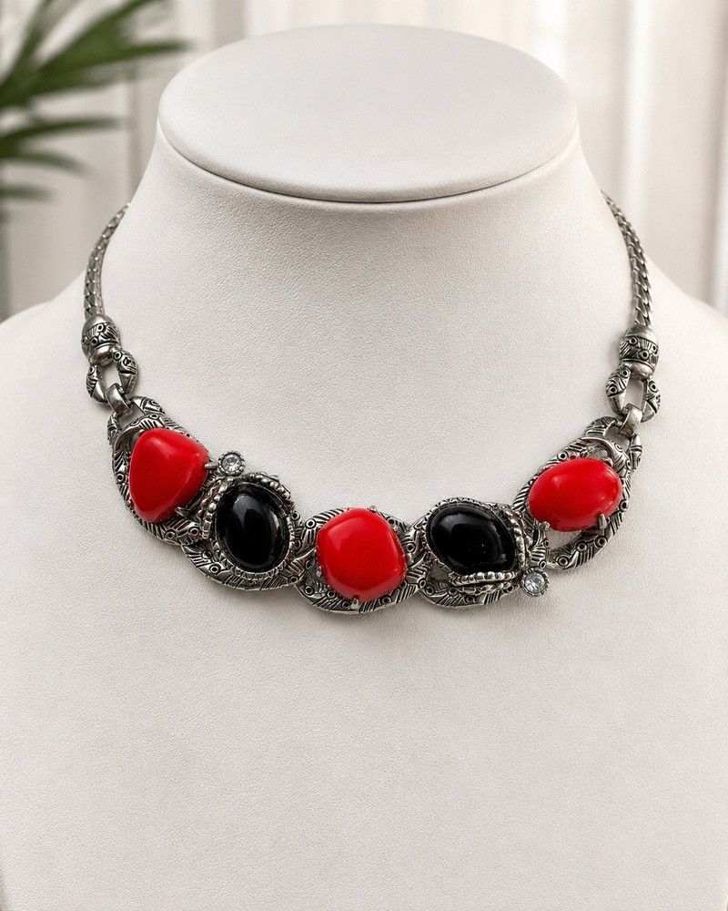 Vintage Unsigned Selro Style Red Black Glass Cabochon Statement Necklace MCM