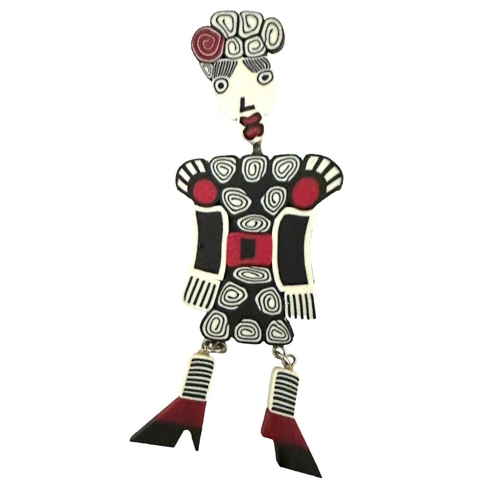 Vintage Folk Art Polymer Clay Figural Brooch Articulated Legs Ruth Ann Grove