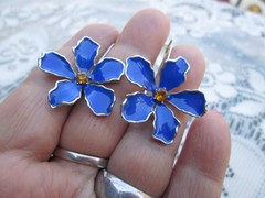Vintage silver tone Blue enamel flower French wire Earrings orange rhinestones