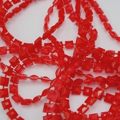 Vintage Red Multi Strand Plastic Square Beaded Solid & Clear Bead Necklace 48 In