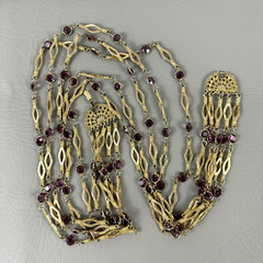 Vintage Necklace Gold Tone Multi Strand Purple Rhinestone Statement 25″