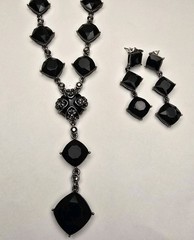 Vintage Crown Trifari Black Crystal Gunmetal Y-Drop Necklace & Earrings Set