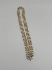 Vintage Hand Knotted Faux Pearl Double Strand Rhinestone Floral Clasp Necklace