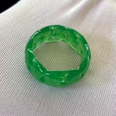 Natural Translucent green Jade Wide-Band Ring Hollow-out, Width 11mm, Size 11.75