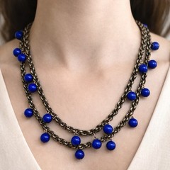 VTG Multi-Strand Bronze Toned Cobalt Blue Beaded Necklace Dangle Boho Chic 16″