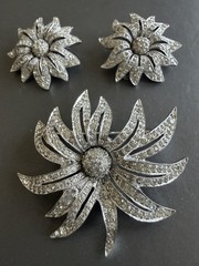 Vintage 1950s Jomaz Pave Rhinestone Flower Brooch & Earrings Set