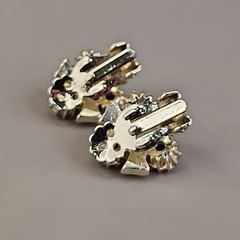 Vintage Rhinestones Earrings Clip On Aurora Borealis Climber Gold Tone 3/4″