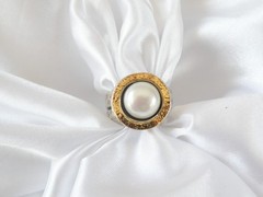 Modernist Sterling Silver 925 w 14K Gold Chunky Pearl Ring FITS Size 6.5
