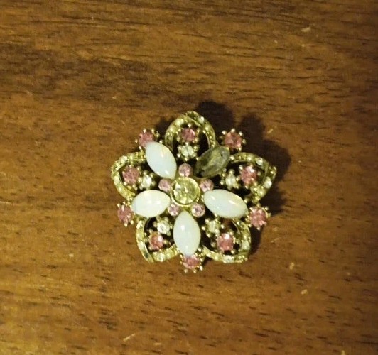 Vintage 1960s Pink Rhinestone Faux Pearl Flower Brooch Gold Tone Costume Jewelry