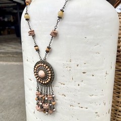 VTG VCLM Signed Boho Statement Medallion Necklace Peach Wood Bead Fringe Fringe