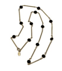 Princess House Gold Tone Black Bezel-Set Crystal Bar Chain Necklace 25″ Vintage