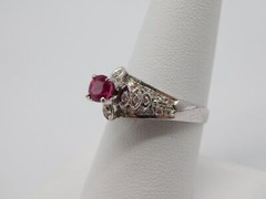 SWEET ANTIQUE 18K SOLID WHITE GOLD DIAMOND RUBY STONE RING