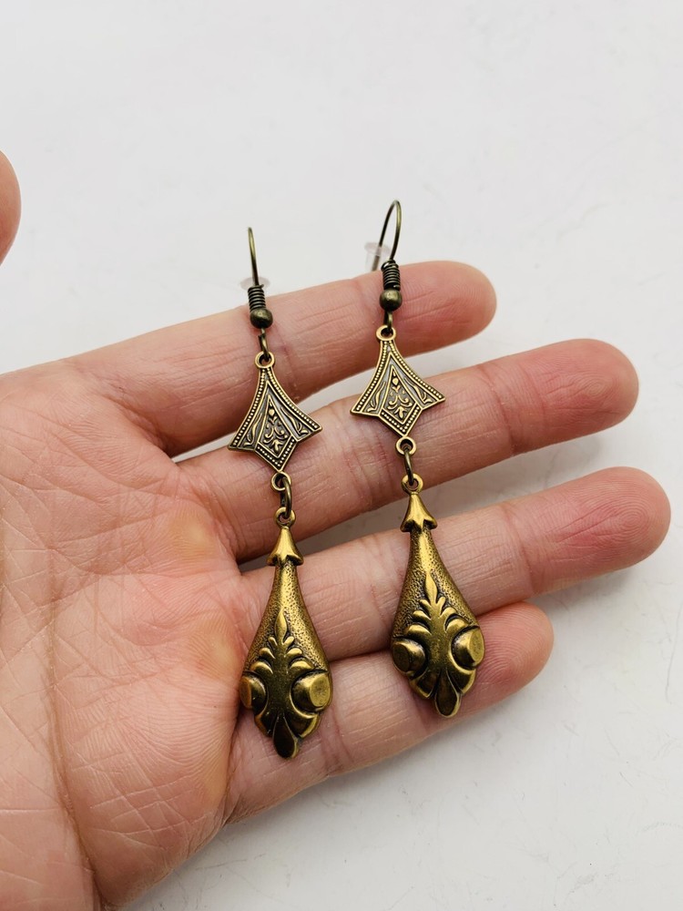 Vintage Style Art Nouveau Gold Tone Long Elegant Teardrop Dangle Hook Earrings
