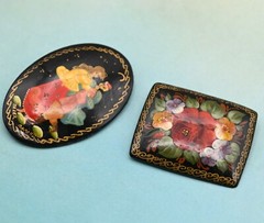Pair of Vintage Lacquer Enamel Wood Flower Lady Pin Brooches Russian Signed