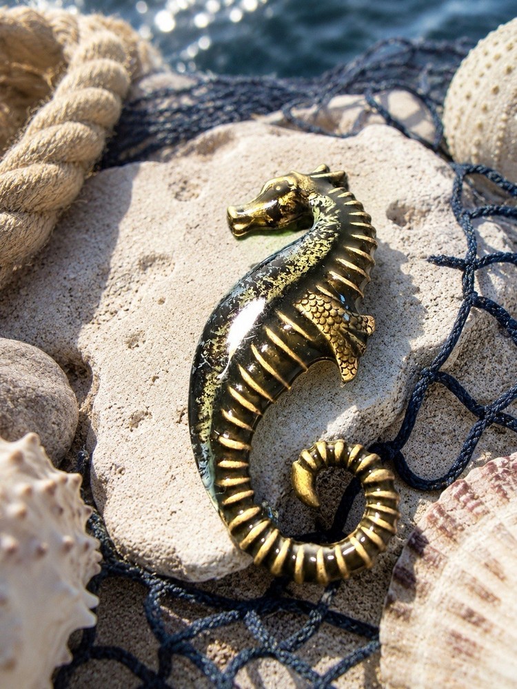 Vintage 1970s Seahorse Brooch Pin Gold Tone Verdigris Finish, 1×2.5”
