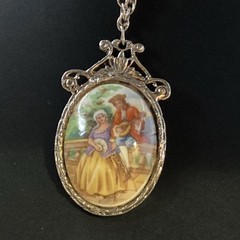 Large Beautiful Vintage LIMOGES FRANCE Cameo Necklace Courting Couple Porcelain