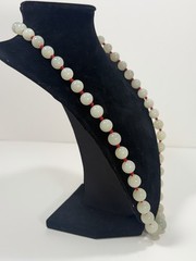 Vintage Chinese Red Knot Celadon Jade Bead Necklace 24” W/ Silver Clasp