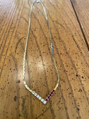 Vtg Gold Plated V Shape Necklace Red And Clear CZ Rhinestone Classic 8.5 In