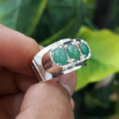 Natural Chitrali Emerald Ring Three Stones Pota Emerald Ring Sterling Silver